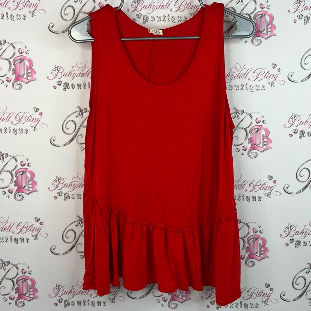Caution To The Wind tank top ruffle bottom hem peplum Red Ruffle Tank Top